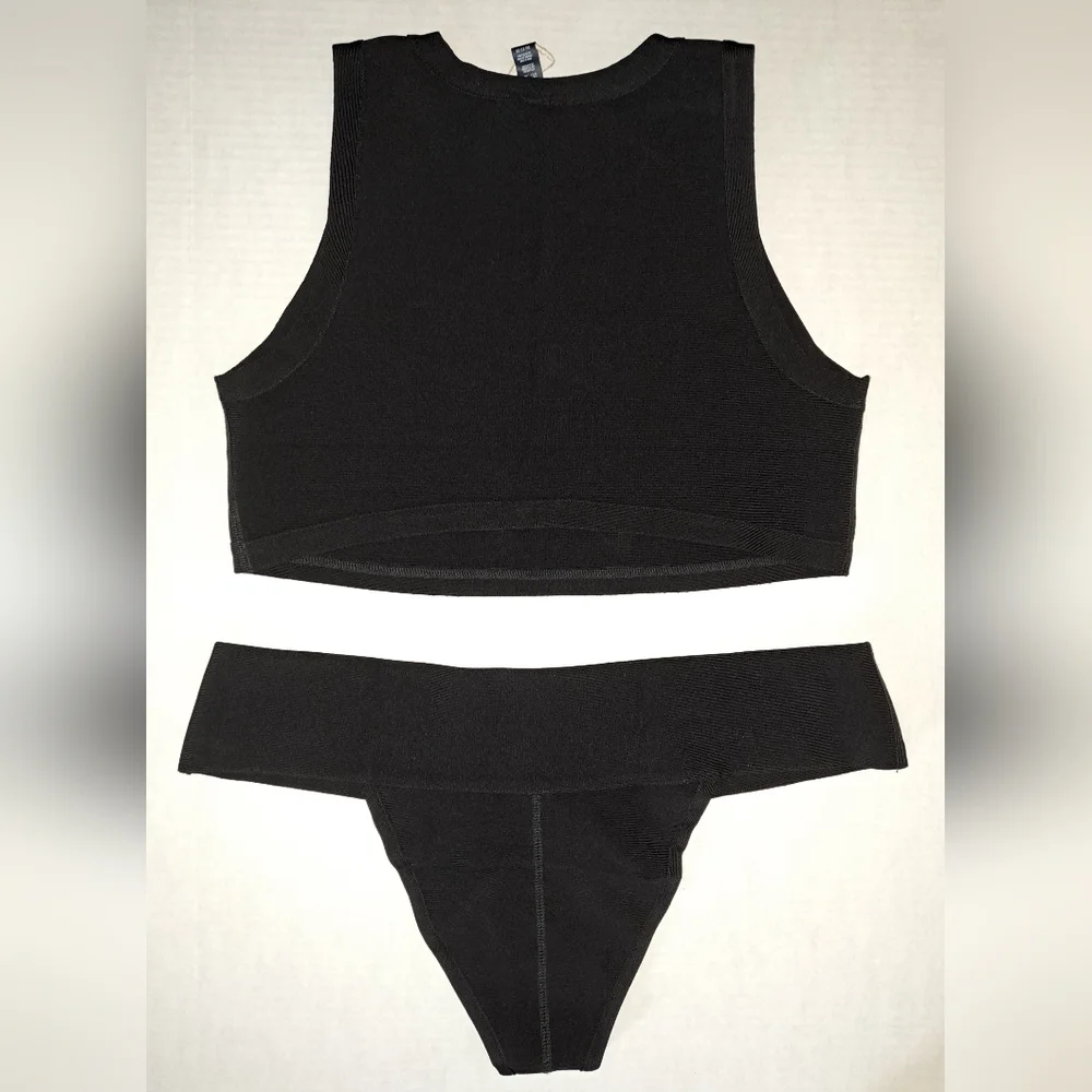❤️NWT SKIMS 2 Piece Knit swim high neck top & cheeky bikini Set Black ONYX 3X